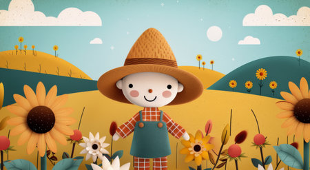 A joyful scarecrow wearing a straw hat stands among vibrant sunflowers during the golden hour, capturing the essence of summer in a picturesque rural landscape bathed in warm sunlight.の素材