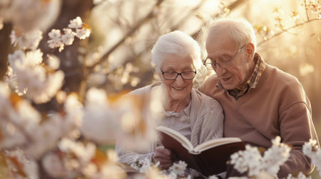An elderly couple sits side by side, immersed in their books in a garden filled with blossoming flowers. Soft pastel colors and a gentle atmosphere create a peaceful spring day.の素材