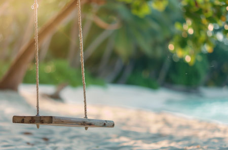 A wooden swing is suspended from a tree branch overlooking a tranquil beach and clear blue water under the bright sky. The setting exudes a calm and serene atmosphere perfect for relaxation.の素材