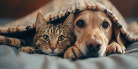 Two dogs, a black puppy and a golden retriever, are nestled closely together under a soft blanket, creating a heartwarming moment of companionship and warmth in a cozy indoor space.の素材