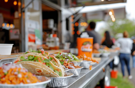 A vibrant array of street tacos is displayed in metal trays, surrounded by fresh toppings. Food enthusiasts enjoy the lively atmosphere at a food truck festival during the afternoon.の素材