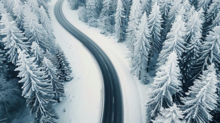 A winding road stretches through a serene landscape of snow-dusted evergreen trees, creating a picturesque winter wonderland under a clear sky.の素材