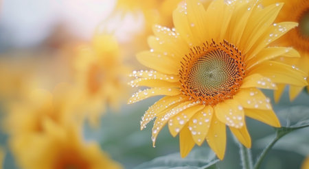 A bright sunflower stands tall, bathed in golden sunlight during sunset, surrounded by a field of blooming sunflowers, creating a warm and serene atmosphere.の素材