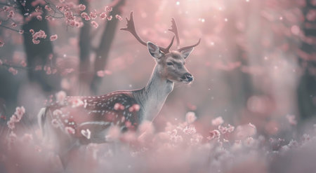 A deer stands gracefully among blooming cherry blossoms in a serene landscape, bathed in soft morning light, showing the vibrant colors of spring and the delicate beauty of nature.の素材