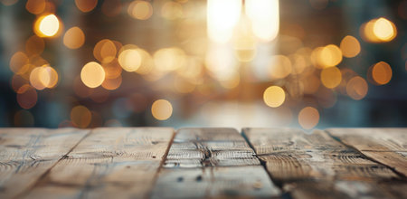 A rustic wooden table in the foreground contrasts with a softly blurred cafe atmosphere in the background, illuminated by warm golden light during the evening hours.の素材