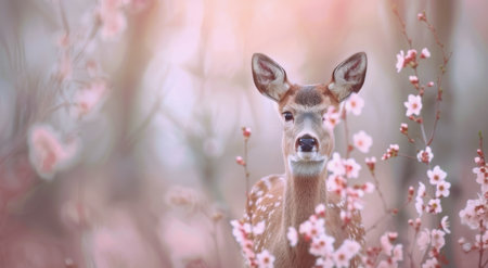 A deer stands gracefully among blooming cherry blossoms in a serene landscape, bathed in soft morning light, showing the vibrant colors of spring and the delicate beauty of nature.の素材