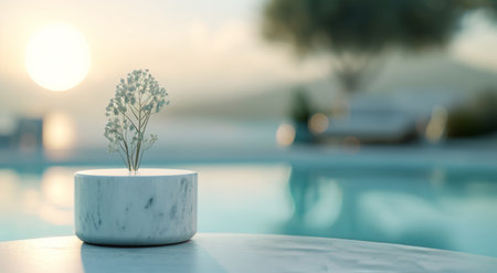 A smooth marble surface sits gracefully beside a vibrant floral arrangement, featuring various blooms, set against a tranquil pool and blurred greenery in the background, creating a serene ambiance.の素材