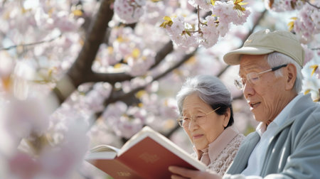 An elderly couple enjoys reading a book together while surrounded by beautiful cherry blossoms on a calm spring day. Their smiles reflect a moment of connection and shared joy amidst the blooming scenery.の素材