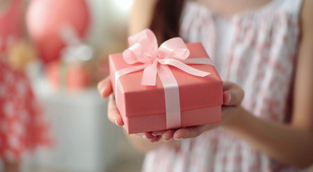 Two friends joyfully exchange a wrapped pink gift, adorned with a ribbon, in a softly lit room, reflecting a special moment of celebration.の素材