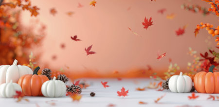 Vibrant orange and white pumpkins are arranged with colorful leaves and berries, creating a festive autumn display against a soft, neutral backdrop.の素材