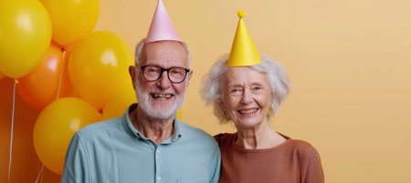 An elderly couple joyfully celebrates a birthday while wearing festive party hats. Colorful balloons fill the background, creating a cheerful atmosphere in their cozy home.の素材