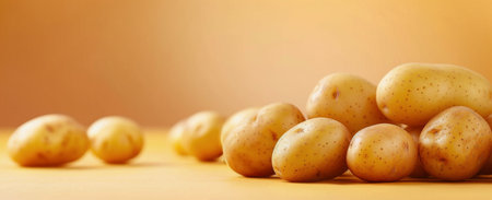 A variety of freshly harvested potatoes, showing different shapes and colors, arranged on a soft yellow background, capturing the natural texture and richness of the produce.の素材