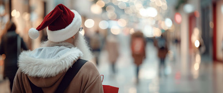 A figure dressed as Santa Claus strolls through a busy mall adorned with holiday lights, carrying shopping bags. The background features blurred shoppers enjoying the festive atmosphere.の素材