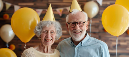 An elderly couple joyfully celebrates a birthday while wearing festive party hats. Colorful balloons fill the background, creating a cheerful atmosphere in their cozy home.の素材