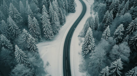A winding road stretches through a serene landscape of snow-dusted evergreen trees, creating a picturesque winter wonderland under a clear sky.の素材