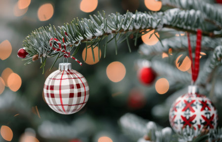 A beautifully painted white ornament with red designs and a bow hangs from a pine tree branch, surrounded by shiny red baubles. The festive decorations create a warm holiday atmosphere.の素材