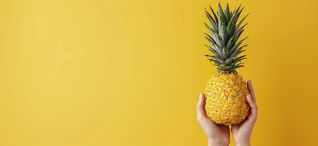 A person holds a ripe pineapple with green leaves, showing its golden texture against a bright yellow backdrop, creating a vibrant and cheerful atmosphere.の素材