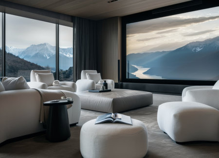 A contemporary living room features plush white furniture, large windows, and stunning mountain views. Soft light illuminates the space as dusk falls, creating a serene atmosphere perfect for relaxation.の素材