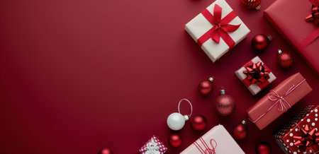 A collection of beautifully wrapped gifts in various sizes and colors features elegant ribbons and bows against a vibrant red backdrop, creating a festive atmosphere perfect for celebrations.の素材