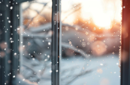 A delicate branch covered in frost reaches toward a warm sunset outside a window, capturing the tranquility of a cold winter evening.の素材