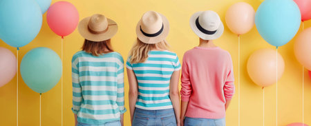 A woman wearing a striped top and straw hat stands facing a vibrant wall of pastel and bright balloons, enjoying a cheerful moment in a sunny outdoor setting.の素材