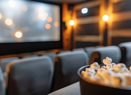 An upscale movie theater showcases rows of plush seats arranged neatly in front of a large, blank screen, illuminated by soft lighting in a stylishly decorated environment.の素材
