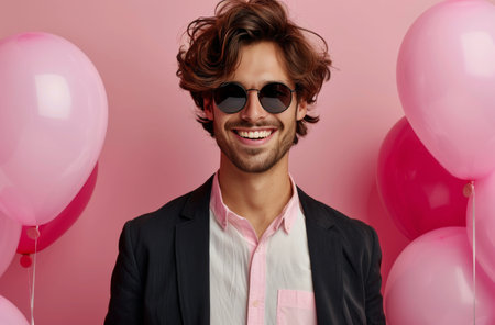 A fashionable man stands confidently, wearing a pink suit and black sunglasses, in front of a vibrant backdrop of colorful balloons, showing a playful and chic atmosphere perfect for a celebration.の素材