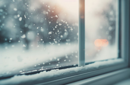 Snowflakes fall softly outside a window, creating a serene winter landscape. The blurred background reveals a snowy yard while delicate flakes drift through the crisp air, highlighting the peacefulness of the season.の素材