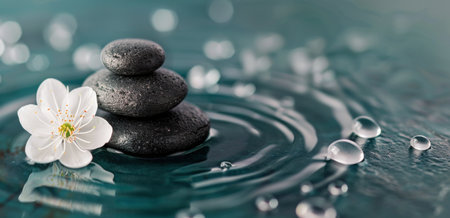 Smooth black stones are stacked beside a delicate white flower, creating a peaceful arrangement on a calm water surface, with gentle ripples and droplets enhancing the tranquil atmosphere.の素材