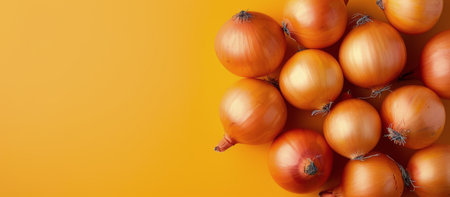 A collection of fresh orange onions with smooth skins arranged on a bright yellow surface, highlighting their natural color and texture. The setting creates a vibrant contrast, showing the vegetables.の素材