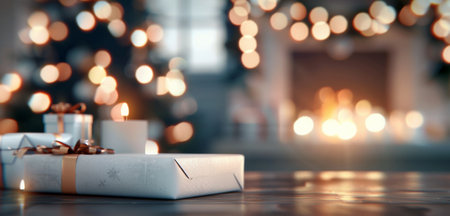 A festive living room adorned with twinkling lights, colorful gifts, and flickering candles, creating a warm atmosphere. The classic fireplace crackles, surrounded by cozy stockings, inviting holiday cheer.の素材