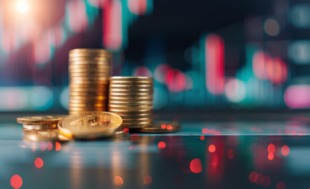 A collection of gold coins is stacked on a dark surface, with additional coins scattered nearby. In the blurred background, colorful financial graphs and charts suggest market trends and investment activity.の素材