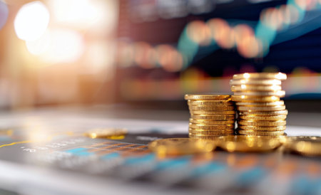 A collection of gold coins is stacked on a dark surface, with additional coins scattered nearby. In the blurred background, colorful financial graphs and charts suggest market trends and investment activity.の素材