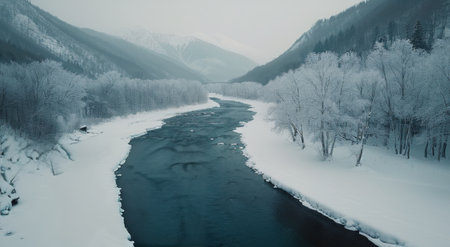 A tranquil river winds through a serene winter landscape, surrounded by snow-covered trees and mountains. The scene evokes a peaceful atmosphere with soft fog hovering above the water.の素材