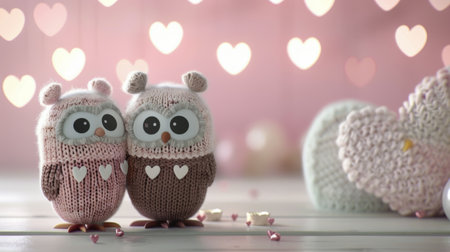 Two adorable knit owls hold each other close amid a soft, visually enchanting backdrop filled with floating hearts. The warm colors and gentle ambiance evoke a sense of love and companionship.の素材