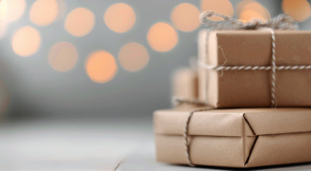 Several neatly stacked brown gift boxes tied with twine rest on a light-colored surface, creating a simple yet elegant display that evokes a sense of celebration and anticipation.の素材