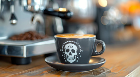 A dark cup of coffee features detailed skull latte art, set on a rustic wooden table scattered with coffee beans. The warm hues of the drink contrast beautifully with the earthy tones of the surroundings.の素材