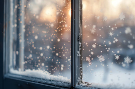 A delicate branch covered in frost reaches toward a warm sunset outside a window, capturing the tranquility of a cold winter evening.の素材