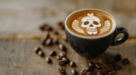 A dark cup of coffee features detailed skull latte art, set on a rustic wooden table scattered with coffee beans. The warm hues of the drink contrast beautifully with the earthy tones of the surroundings.の素材