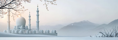 A detailed miniature model of a grand mosque showcases its intricate architecture against a soft, glowing sunset in a desert landscape, highlighting the beauty and serenity of the structure.の素材