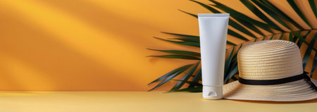 A straw sun hat rests beside a tube of sunscreen and a green leaf on a bright orange surface, suggesting a perfect day for outdoor activities and sun protection.の素材