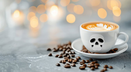 A dark cup of coffee features detailed skull latte art, set on a rustic wooden table scattered with coffee beans. The warm hues of the drink contrast beautifully with the earthy tones of the surroundings.の素材