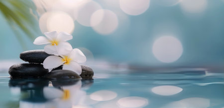 Two smooth black stones are placed on a calm water surface, adorned with delicate white flowers. The tranquil scene features blurred backgrounds that enhance the peaceful ambiance.の素材
