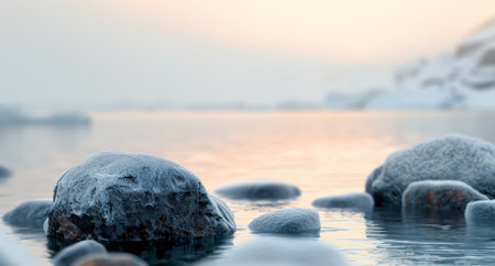Rocks partially submerged in a frozen lake, surrounded by ice and snow, creating a tranquil winter landscape under soft gray skies.の素材