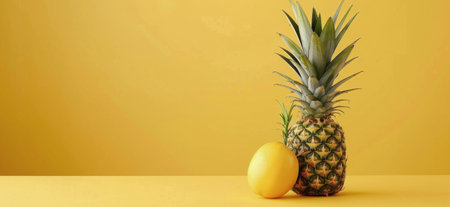 Two vibrant pineapples wearing stylish sunglasses sit alongside a fresh lemon against a cheerful yellow backdrop, creating a playful and lively atmosphere perfect for summer vibes.の素材