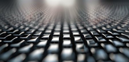 A close-up view reveals a hexagonal pattern on a dark surface with water droplets glistening in the light, creating an intriguing texture and visual contrast.の素材