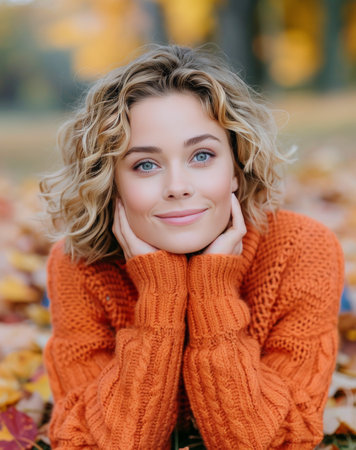 A woman with blonde curly hair enjoys a serene moment outdoors, resting on her hands and smiling amidst a vibrant carpet of autumn leaves. The warm golden hues of the season enhance the peaceful atmosphere around her.の素材