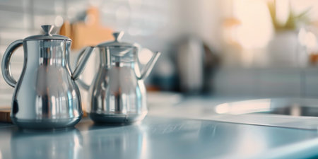 Three elegant silver teapots are arranged neatly on a kitchen counter, bathed in natural light. The background showcases a blurred kitchen environment, adding to the serene atmosphere.の素材