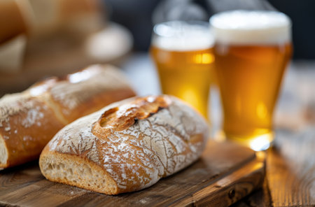 Two glasses of golden beer sit alongside freshly baked loaves of bread on a rustic wooden table, with a warm ambiance created by gentle lighting in the background.の素材