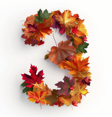 Vibrant autumn leaves, in various shades of red, yellow, and orange, are creatively arranged to form the shape of the number three against a clean white backdrop, celebrating the beauty of fall.の素材